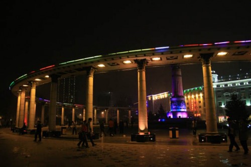 Lights Decorate the Plaza at the Flood Control Monument in Haerbin 哈尔滨