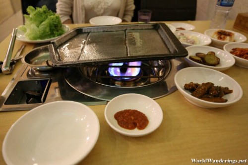Preparing the Stove at Soju Bang Korean Restaurant