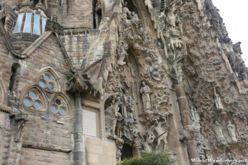Close Up of the Detail at the Nativity Facade of the Sagrada Familia Basilica of Barcelona