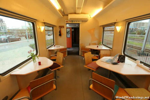 The Dining Car/Charging Room/Reception of the Train Lodge in Amsterdam
