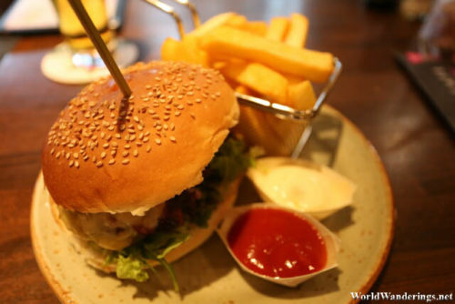 Burger at Grand Cafe Plaza at Amsterdam Airport Schiphol