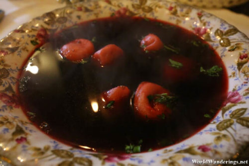 Beetroot Soup with Ravioli at Portretowa Restaurant in Warsaw