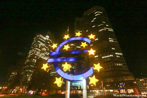 Euro Sign at Night in Frankfurt