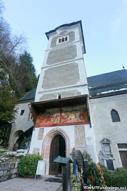 Outside the Catholic Church of Hallstatt