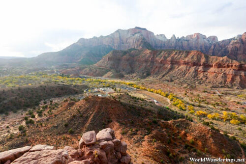 View of the Zion National Park Visitor Center from the Watchman's Overlook