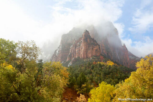 Mist Covered Peak at the Three Patriarchs in Zion National Park